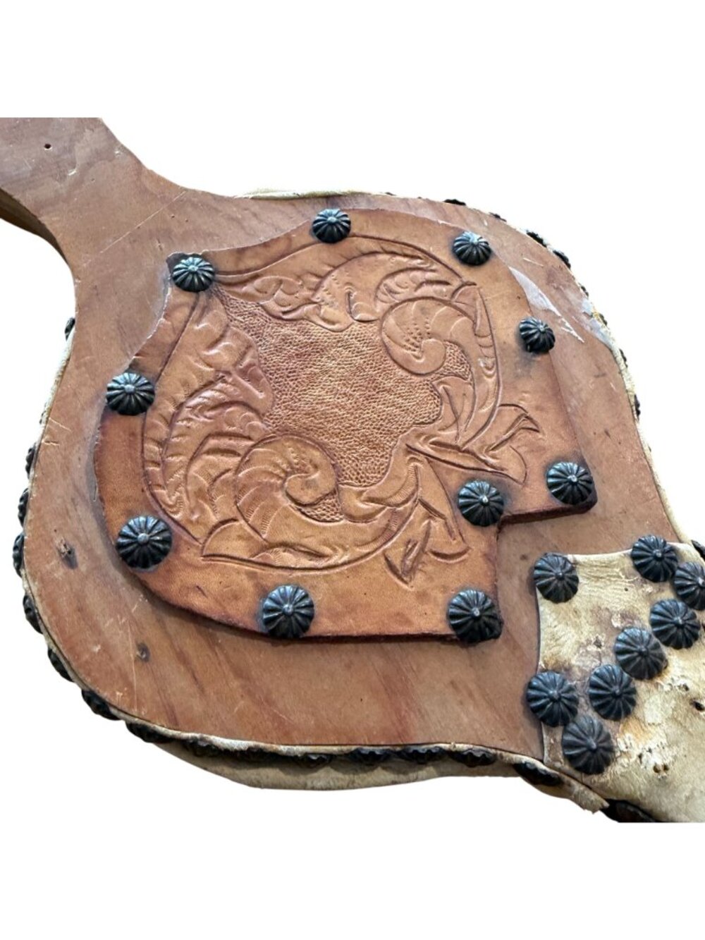 Handcrafted Wooden Leather Bellows VTG Working Ornate Floral Design Metal Studs - Picture 2 of 12